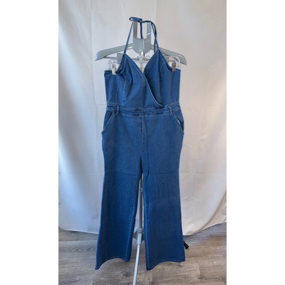 Fashion Nova Dark Blue Denim Halter Jumpsuit